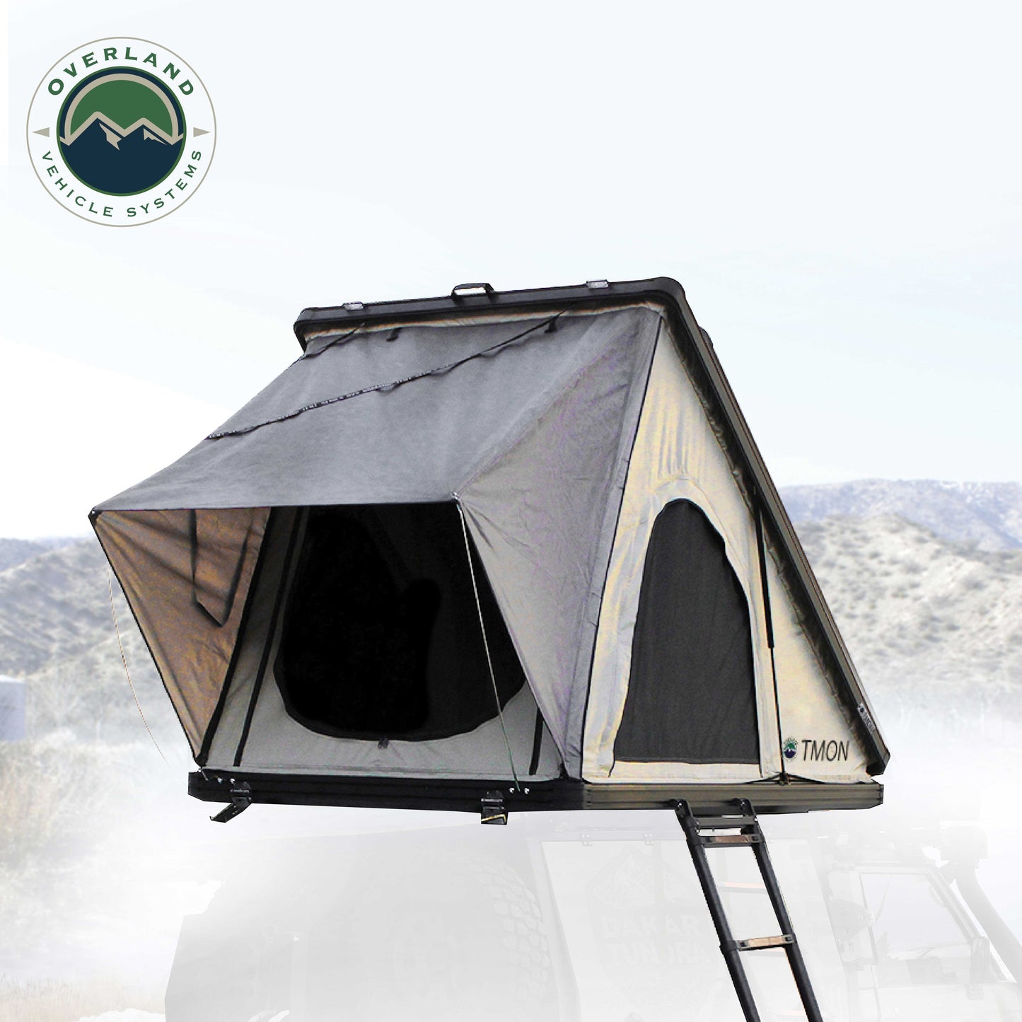 OVS LD TMON rooftop tent mounted on vehicle in snowy desert terrain