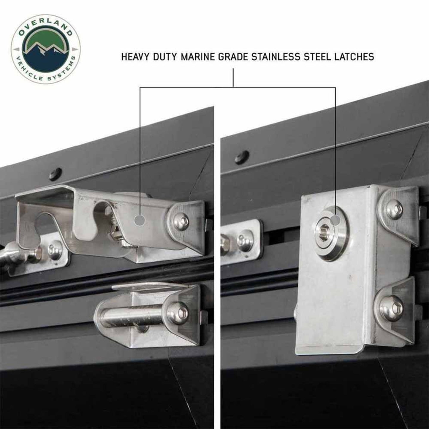 Close-up view of OVS Sidewinder aluminum locking latches