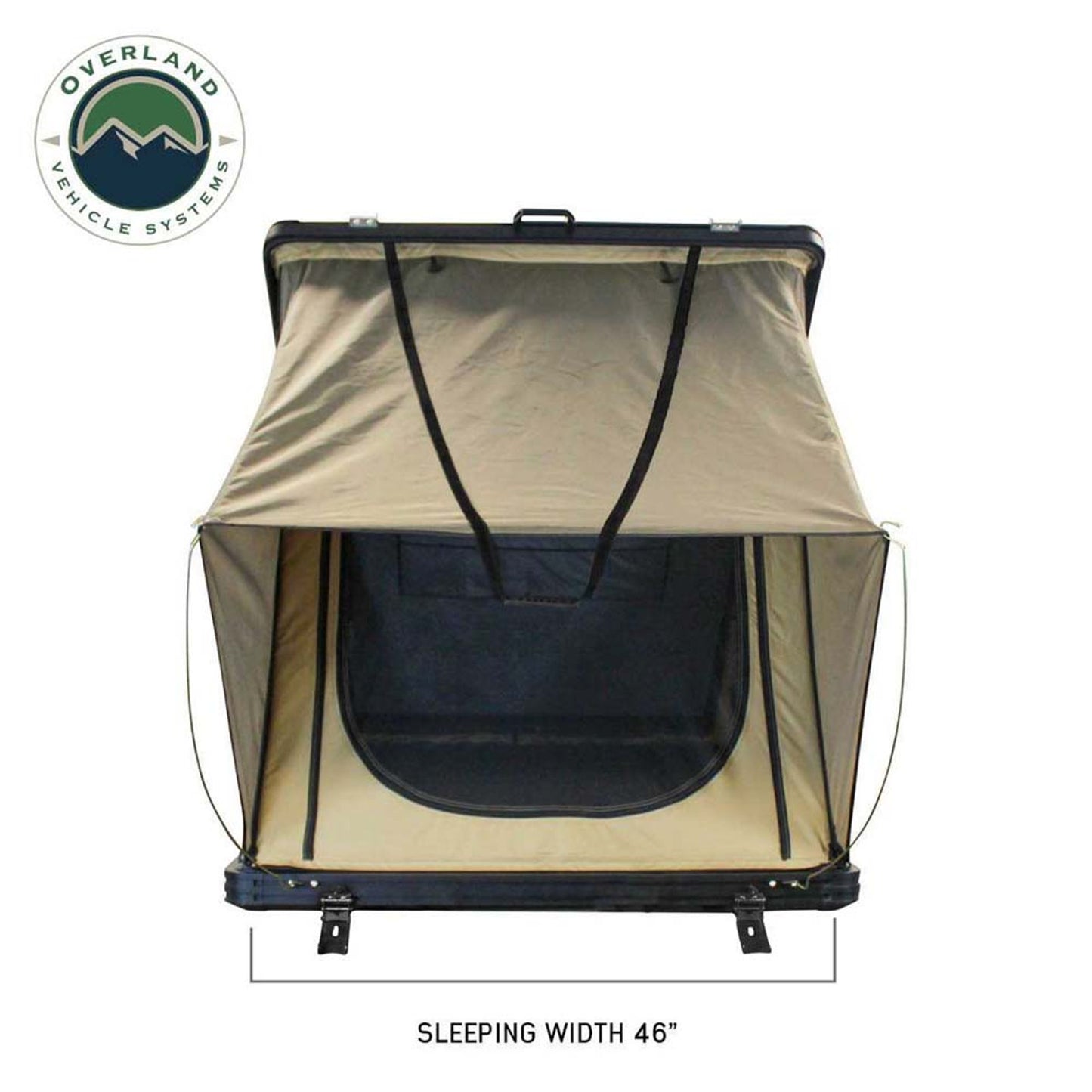Front view of OVS LD TMON rooftop tent with canopy and window flaps