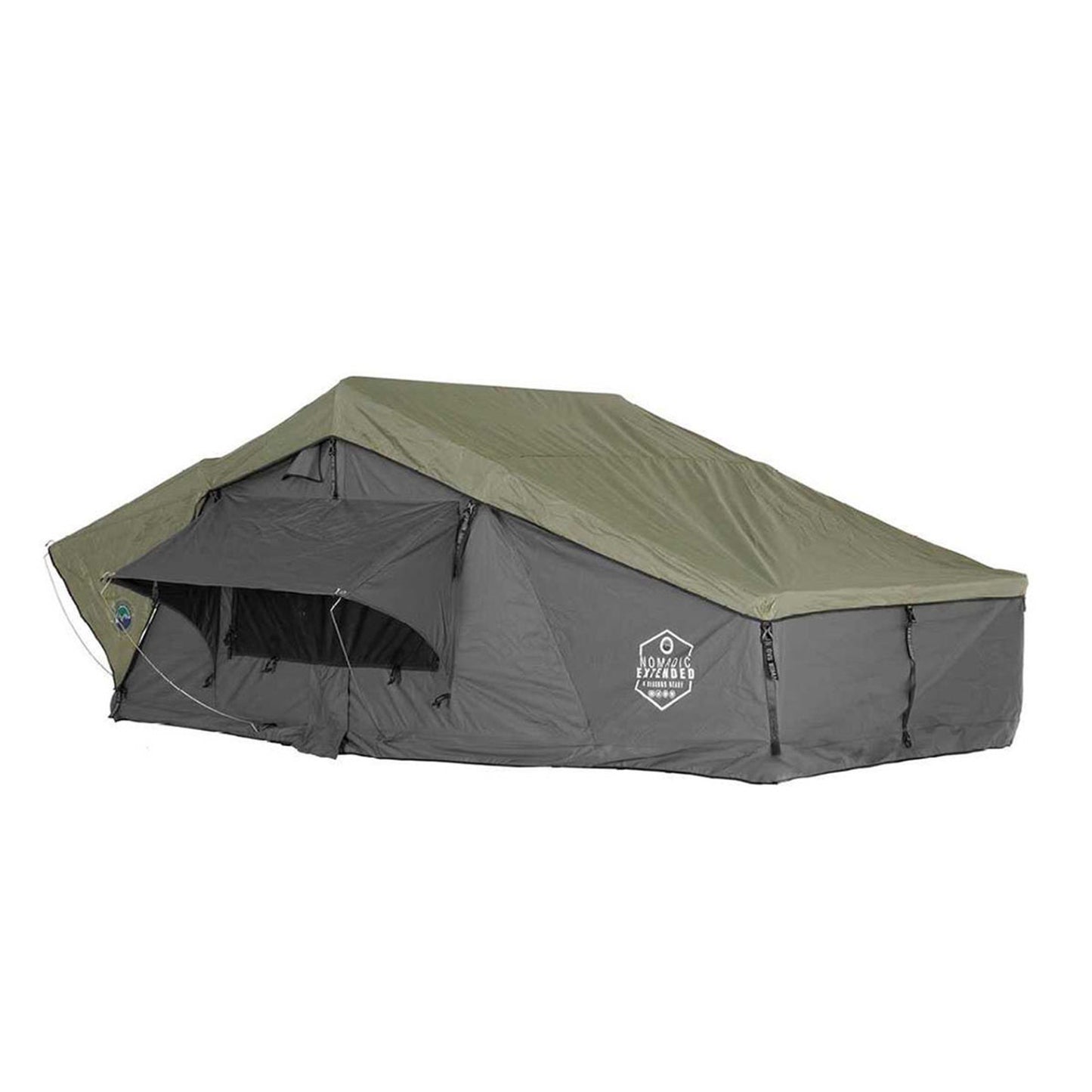 OVS Nomadic Extended rooftop tent open with rainfly fully deployed