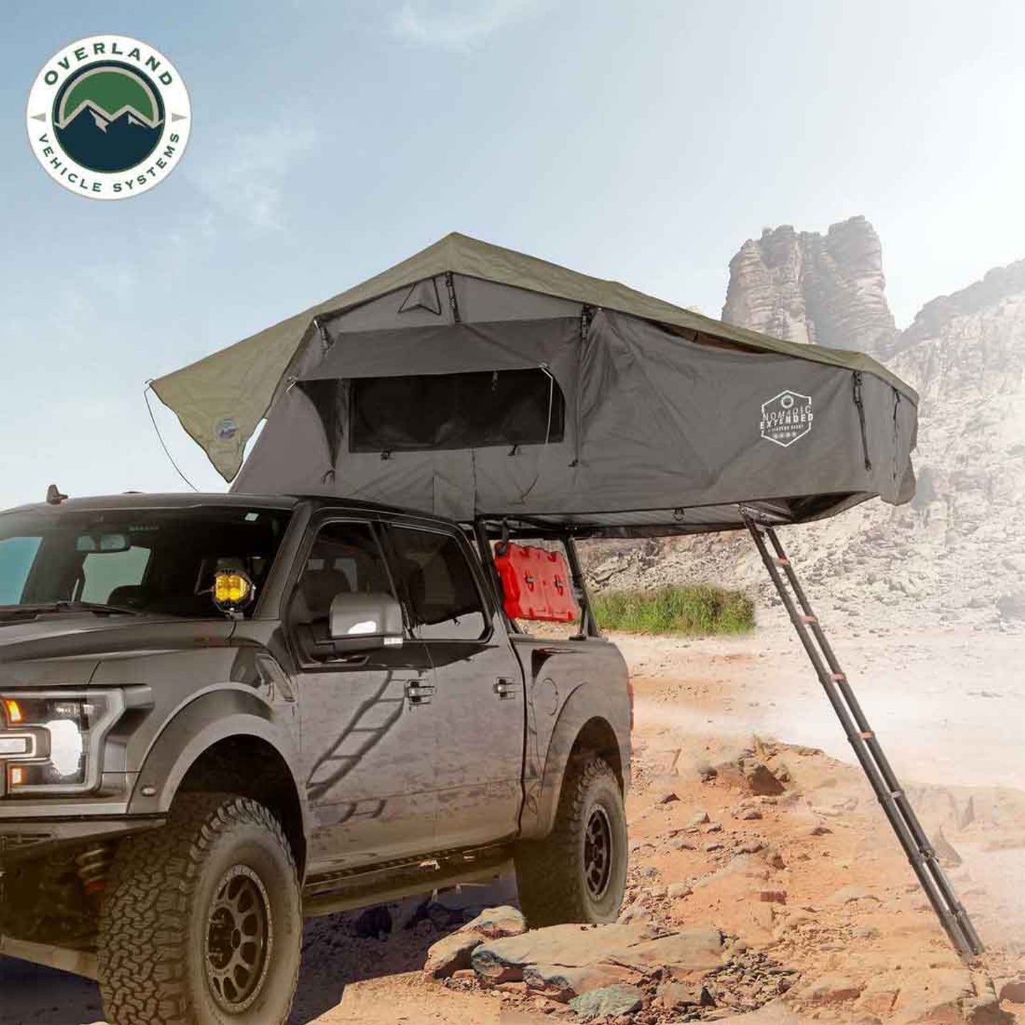 OVS Nomadic Extended rooftop tent mounted on overlanding vehicle in desert