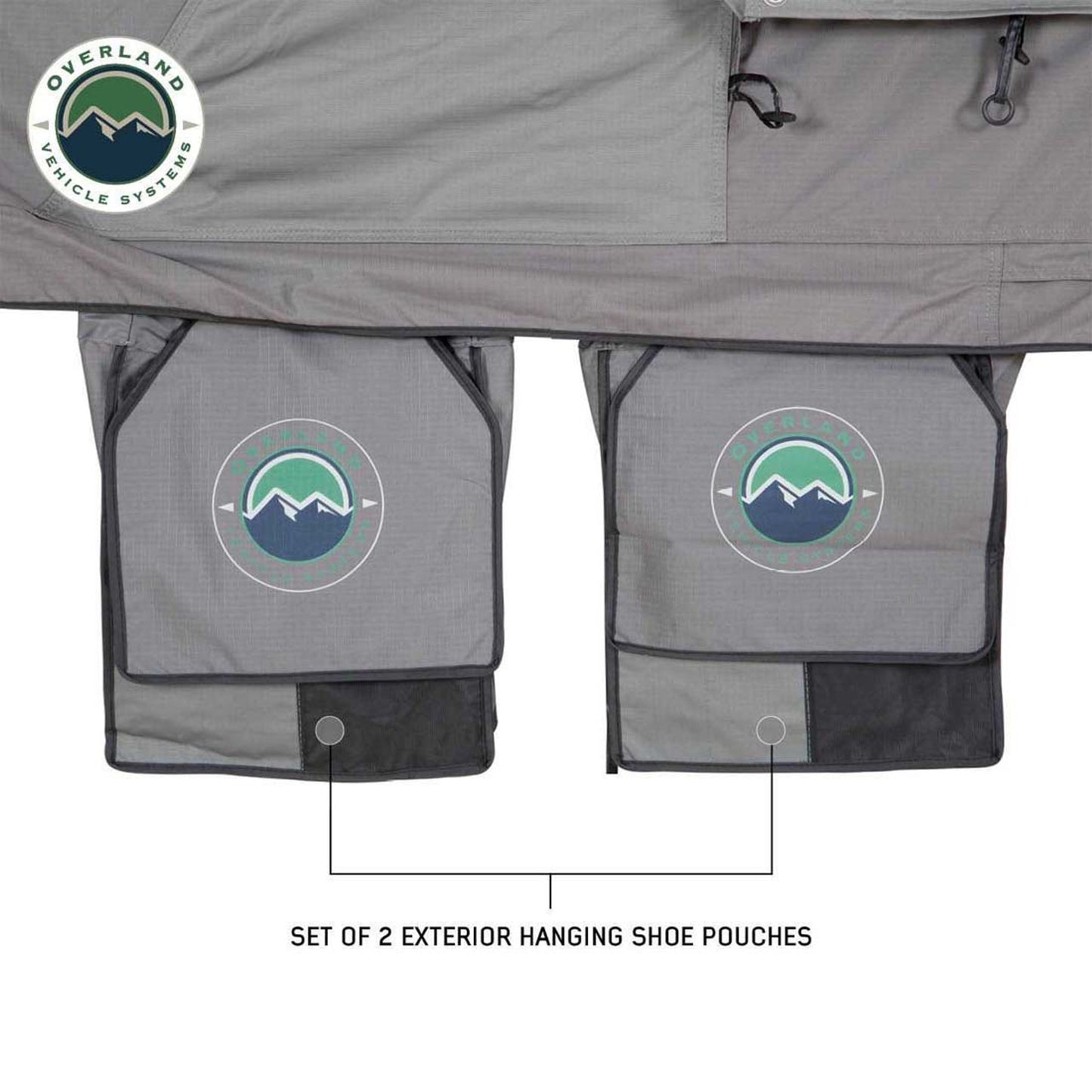 Exterior shoe bags mounted on OVS Nomadic Extended rooftop tent