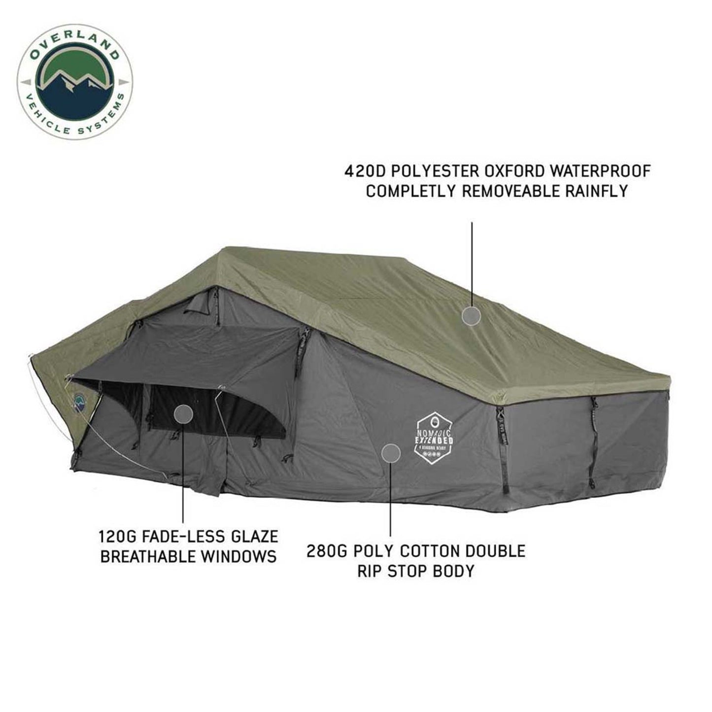 Side profile diagram of OVS Nomadic Extended rooftop tent setup with info