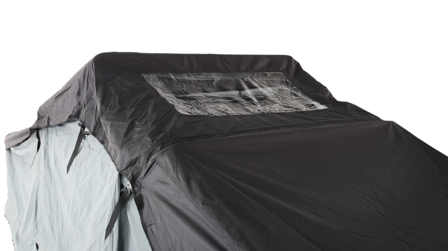 Body Armor 4x4 Sky Ridge Pike Rooftop Tent with rainfly fully deployed, showing waterproof protection and rugged overland design
