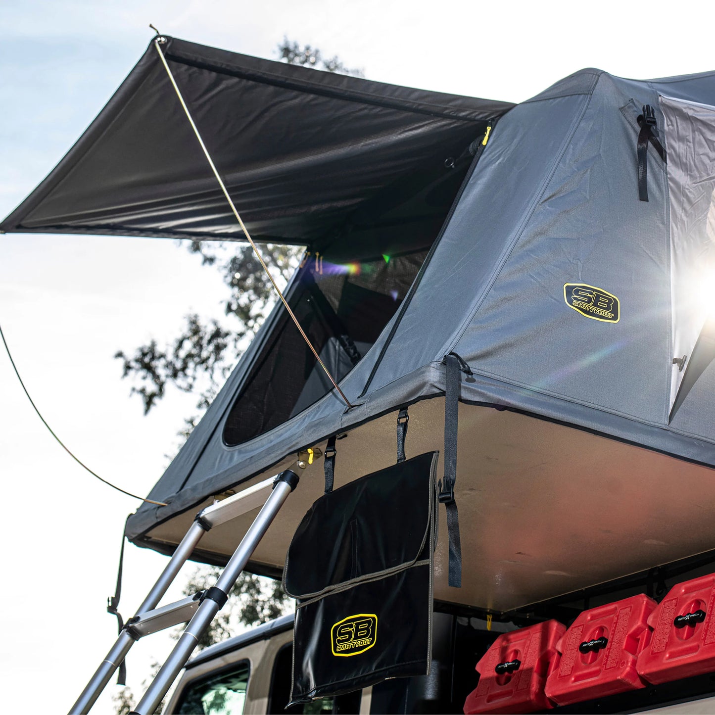 Underside of Smittybilt Gen2 Overlander Tent rainfly material and stitching, highlighting durable, weatherproof construction