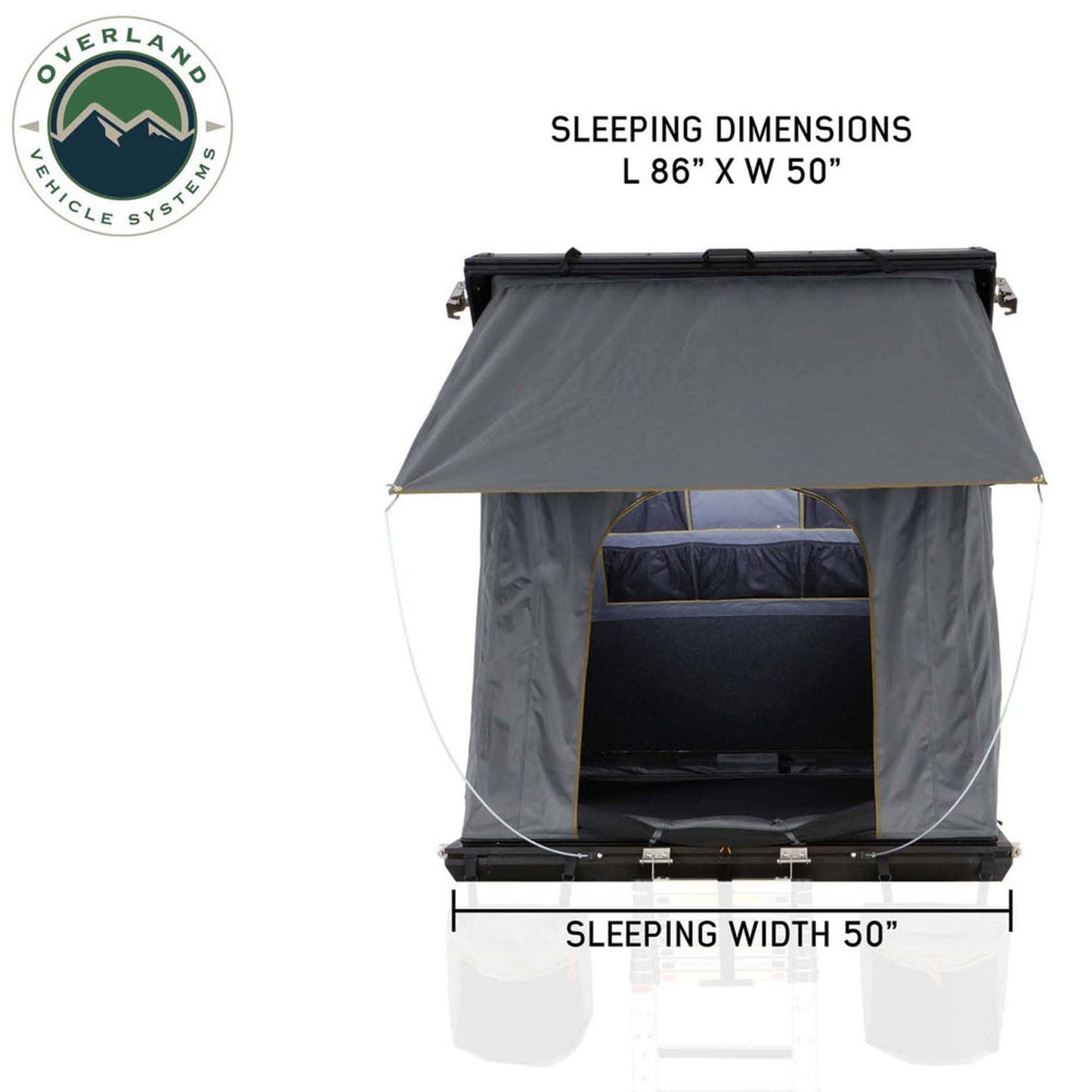 Measurement diagram showing height and width of OVS Mamba Clamshell tent from front