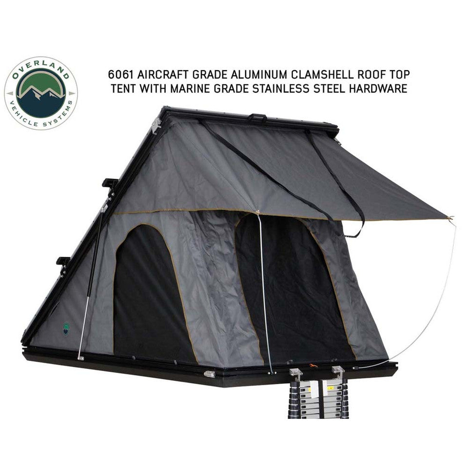 Diagram of OVS Mamba Clamshell rooftop tent with labeled canopy and ladder access