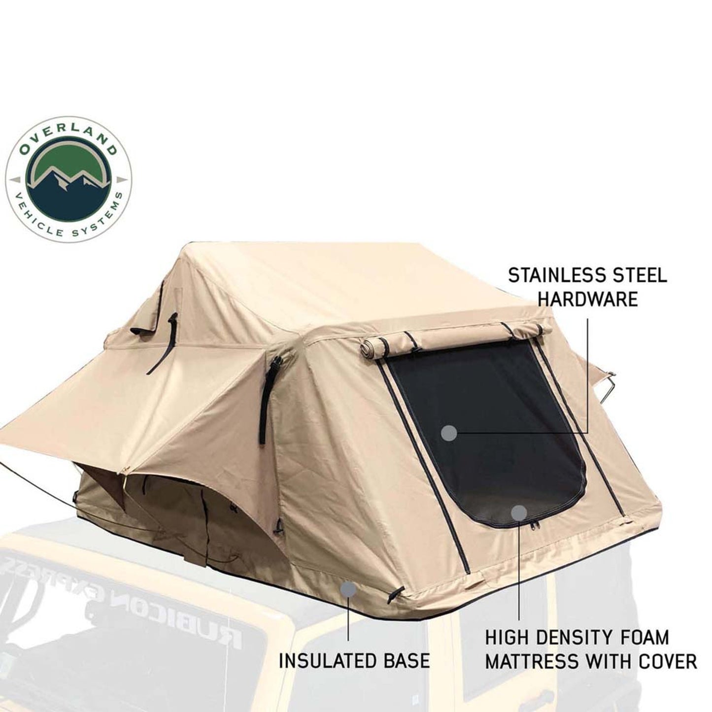 Angled rear view of OVS LD TMBK 3 rooftop tent set up on flat ground