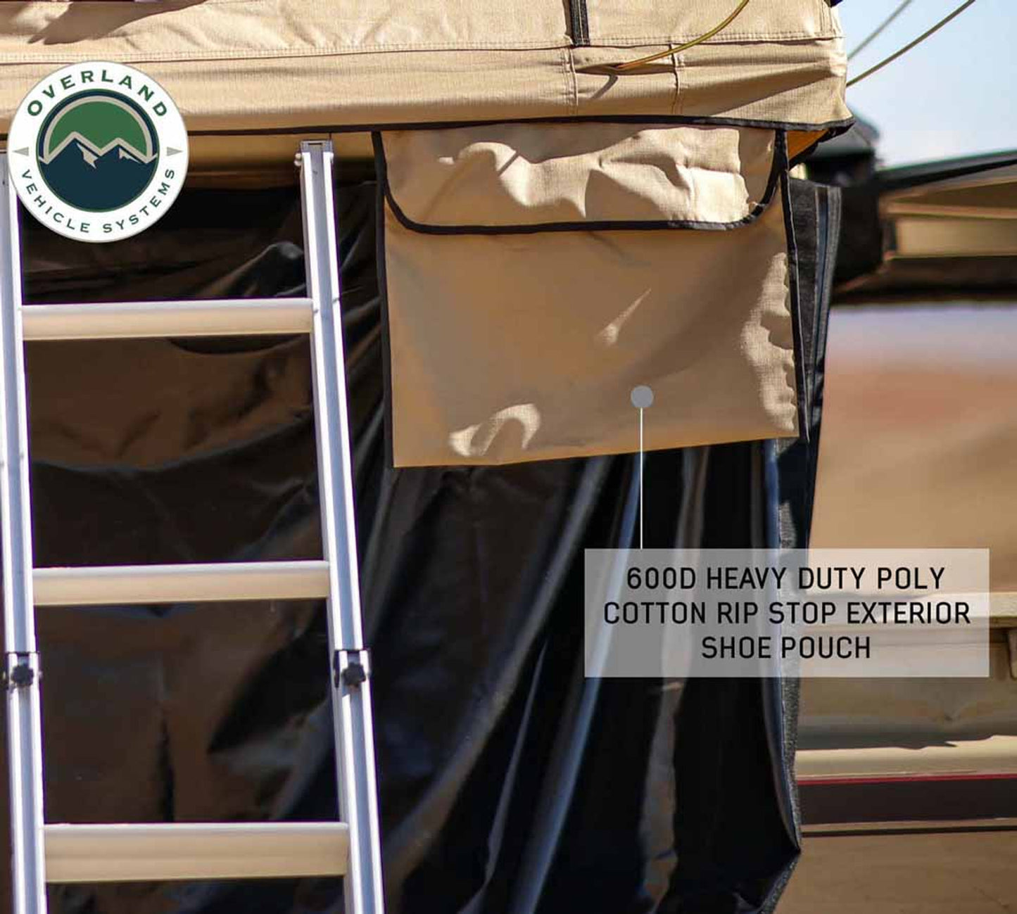 Rear panel view of OVS LD TMBK 3 rooftop tent showing ladder and show bag