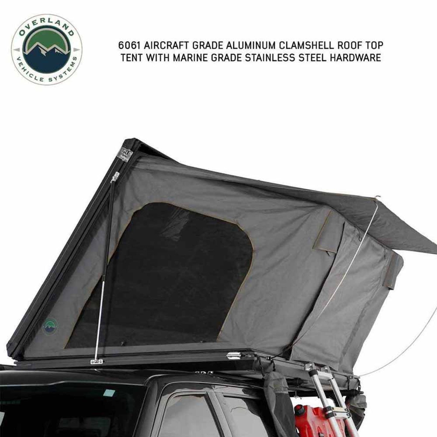 Rear view of OVS Sidewinder rooftop tent showing ladder entry