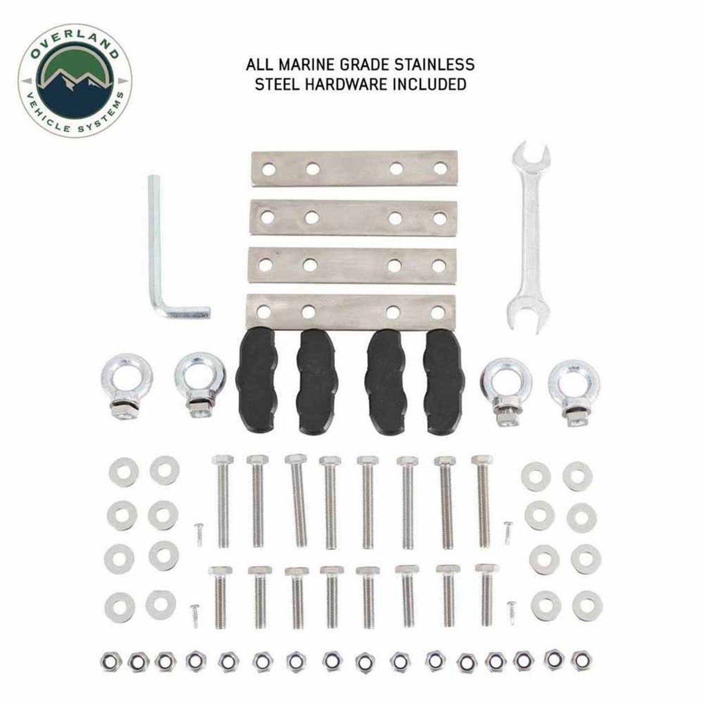 OVS Sidewinder rooftop tent hardware kit including tools, bolts, and brackets
