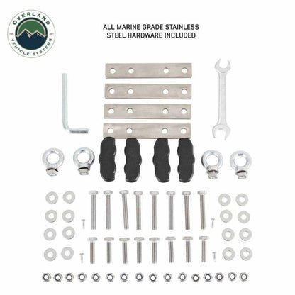 OVS Sidewinder rooftop tent hardware kit including tools, bolts, and brackets