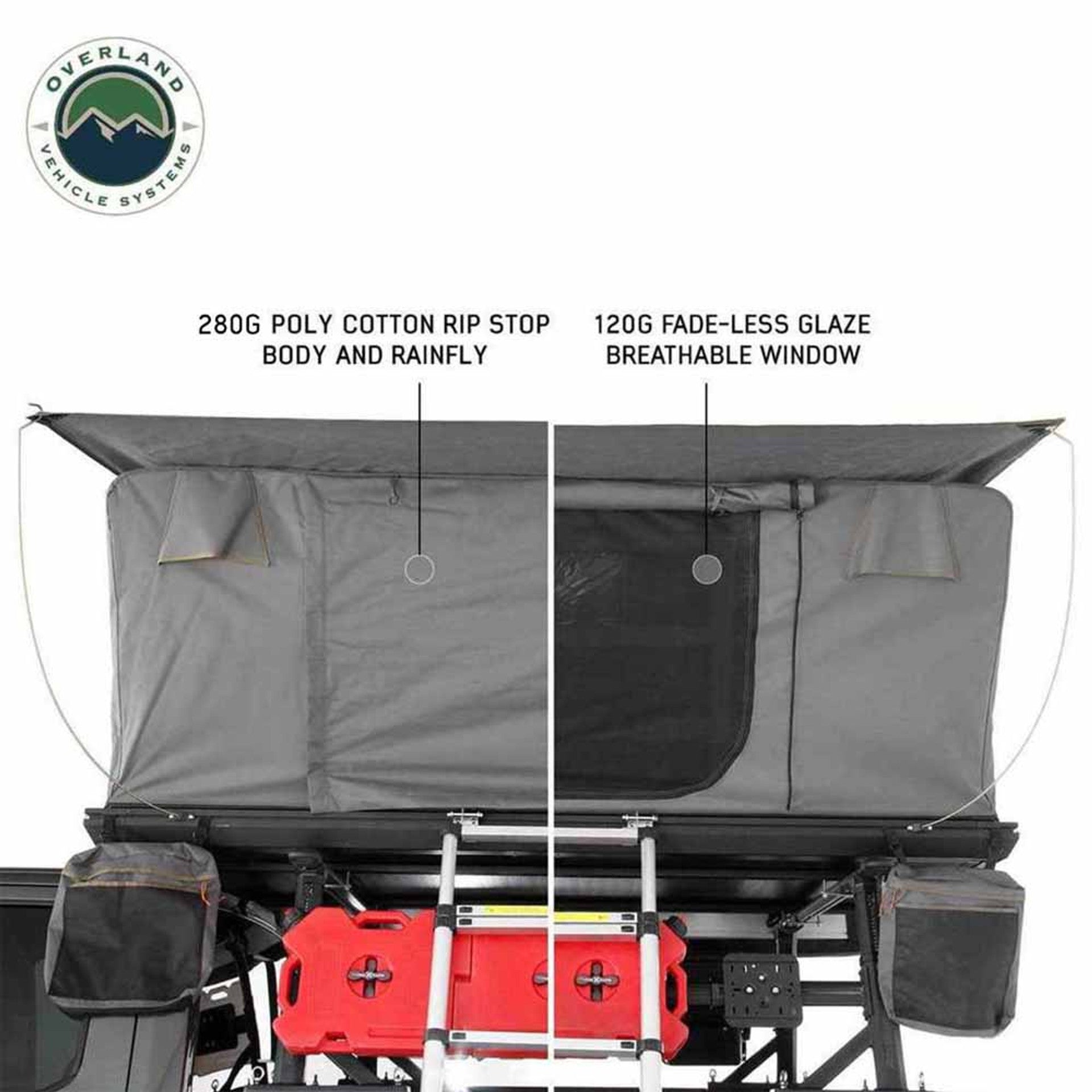OVS Sidewinder mounted on roof rack showing extended tent and entry ladder