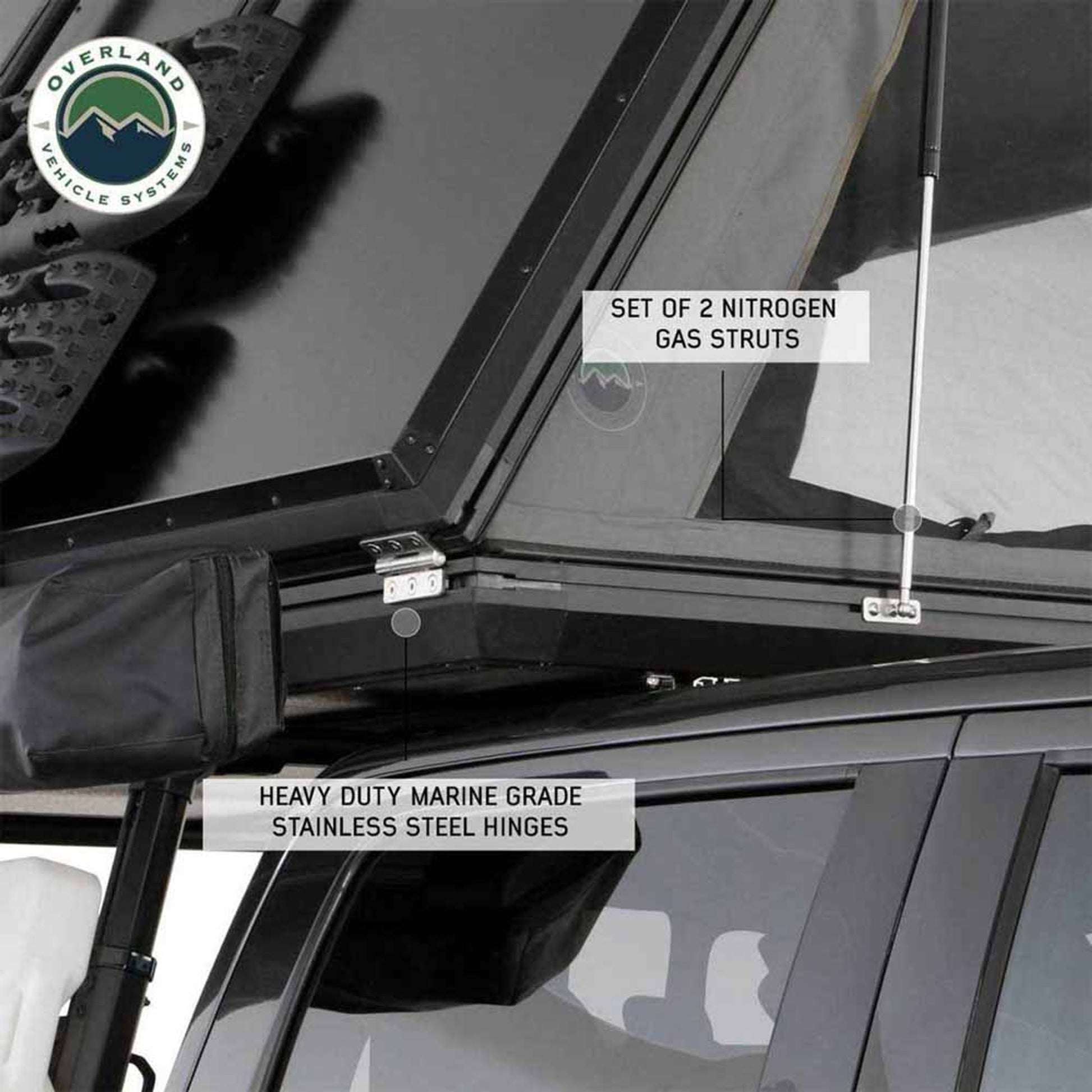 Close-up view of OVS Sidewinder aluminum locking latches and hinges