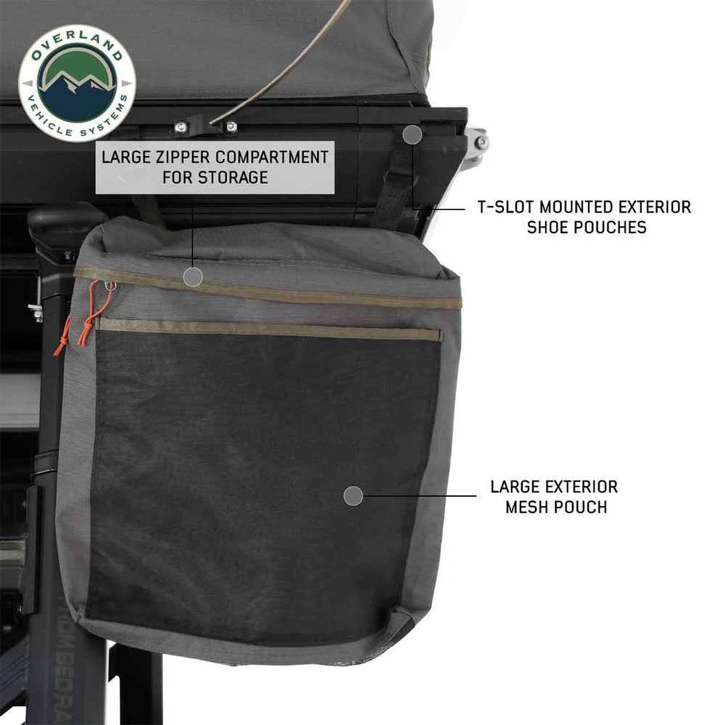 Rear corner of OVS Sidewinder tent showing accessory gear bag in place