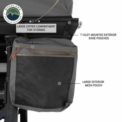 Rear corner of OVS Sidewinder tent showing accessory gear bag in place