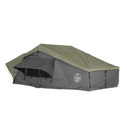 OVS Nomadic Extended rooftop tent open with rainfly fully deployed
