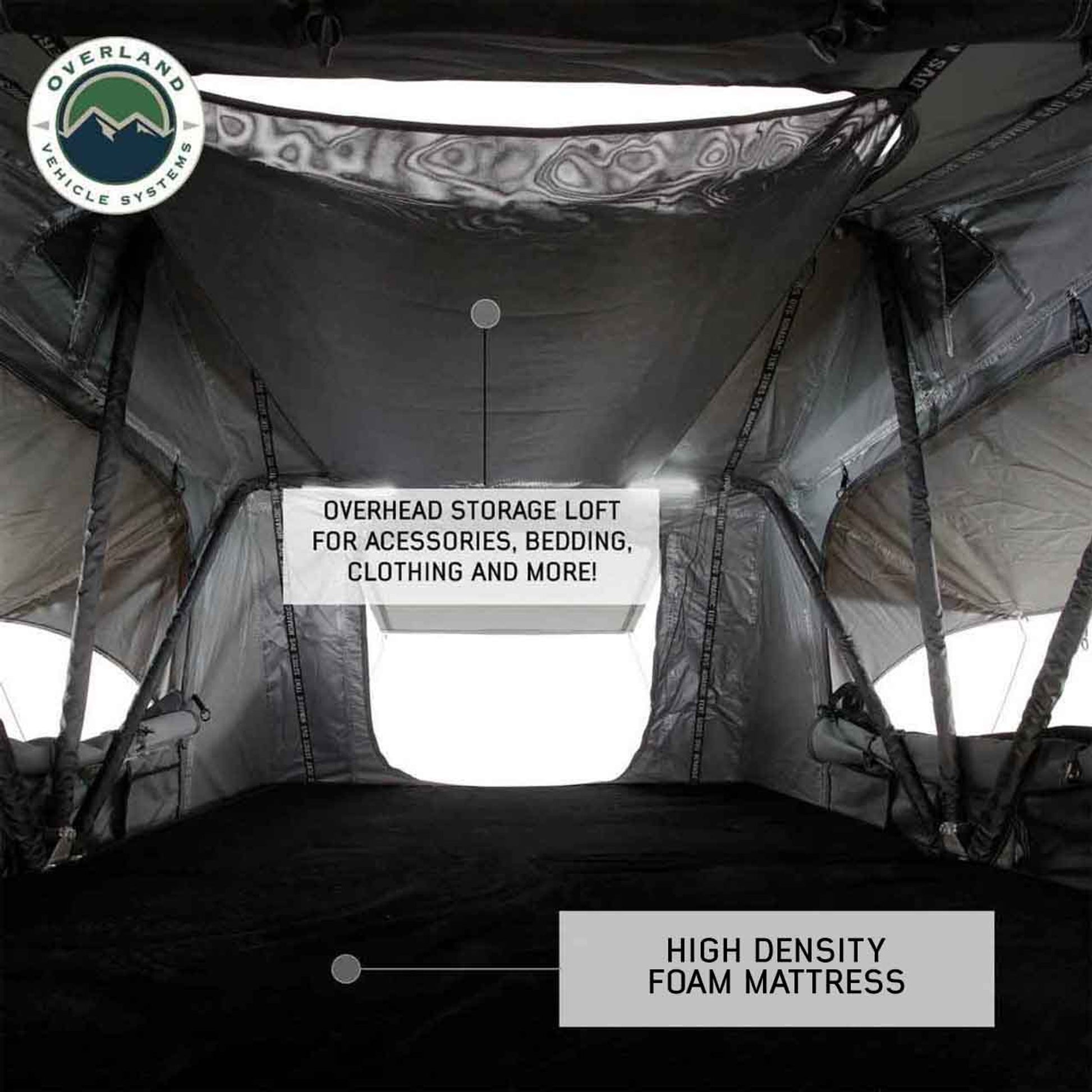 Interior view of OVS Nomadic Extended tent with mattress and windows