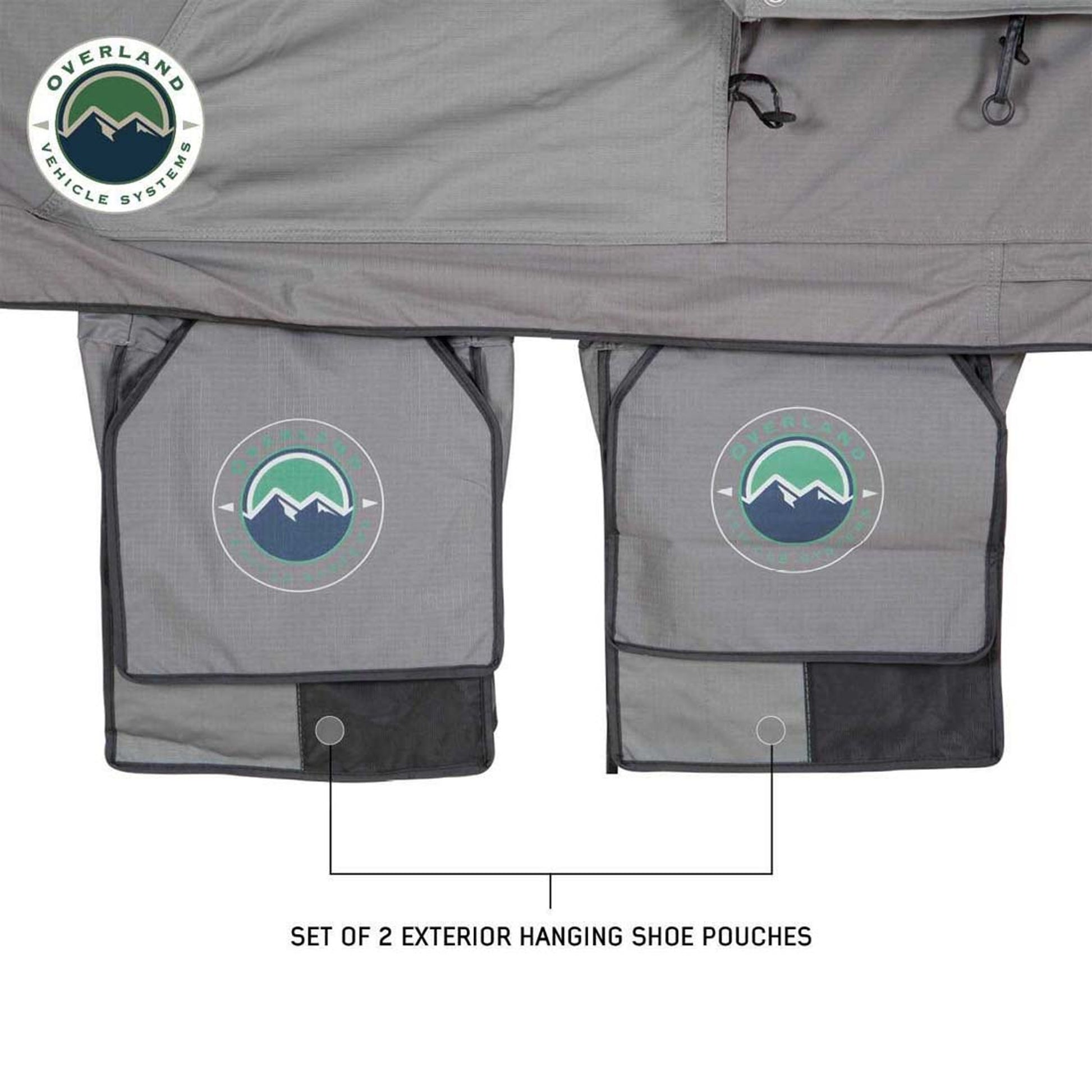 Exterior shoe bags mounted on OVS Nomadic Extended rooftop tent