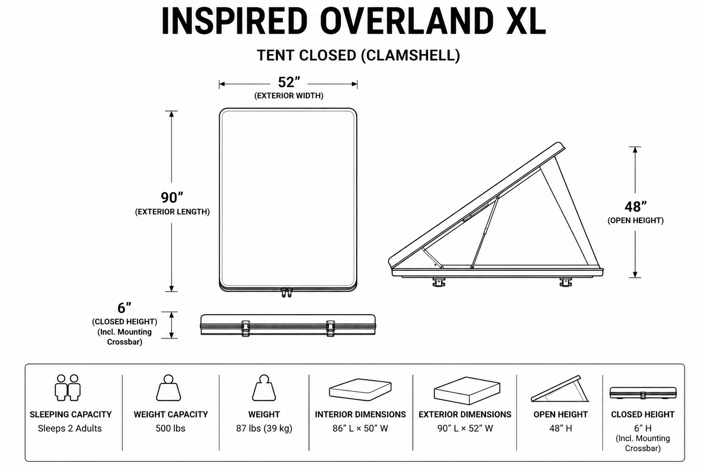 Inspired Overland XL Lightweight Roof Top Tent