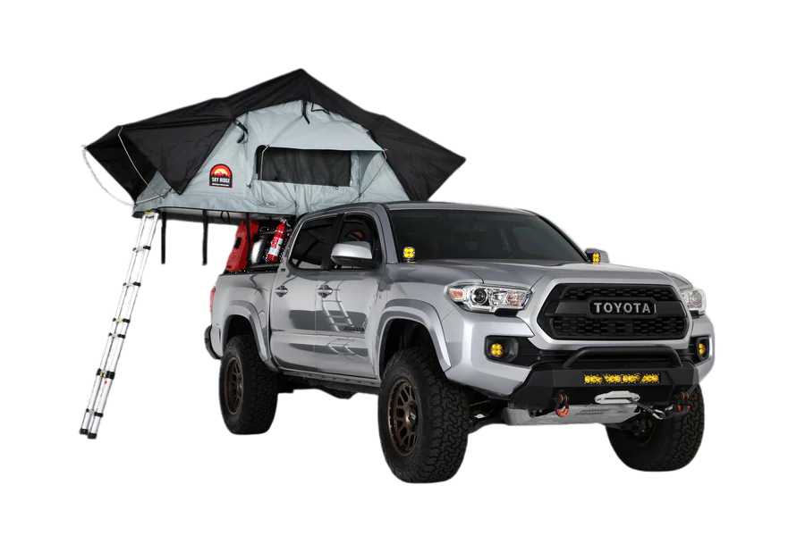 Body Armor 4x4 Sky Ridge Pike 2-Person Rooftop Tent fully set up on off-road vehicle with ladder deployed, showcasing durable all-weather camping setup
