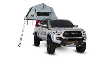Wide shot of Body Armor 4x4 Sky Ridge Pike Rooftop Tent mounted on SUV, highlighting adventure-ready setup for overlanding and rooftop camping