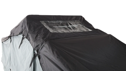 Body Armor 4x4 Sky Ridge Pike Rooftop Tent with rainfly fully deployed, showing waterproof protection and rugged overland design