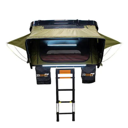 Side profile of 23Zero Armadillo X3 Rooftop Tent – spacious, all-season camping tent with ABS shell