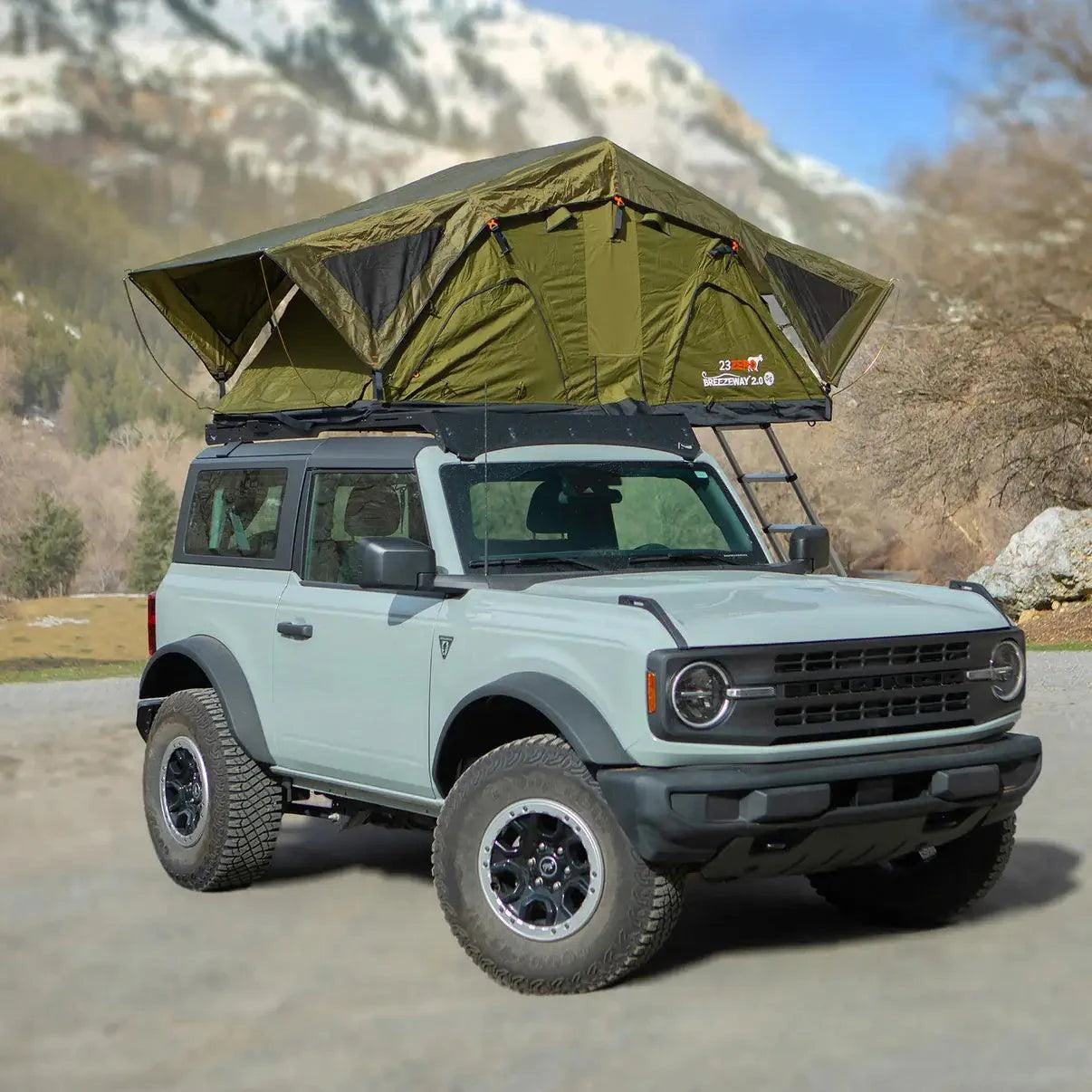 Full view of 23Zero Breezeway 62 2.0 mounted on vehicle – compact yet spacious overlanding tent with quick setup