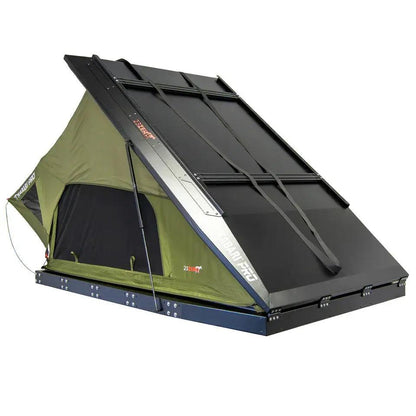 Side angle of 23Zero Kabari PRO RTT – rugged clamshell rooftop tent with quick setup capability