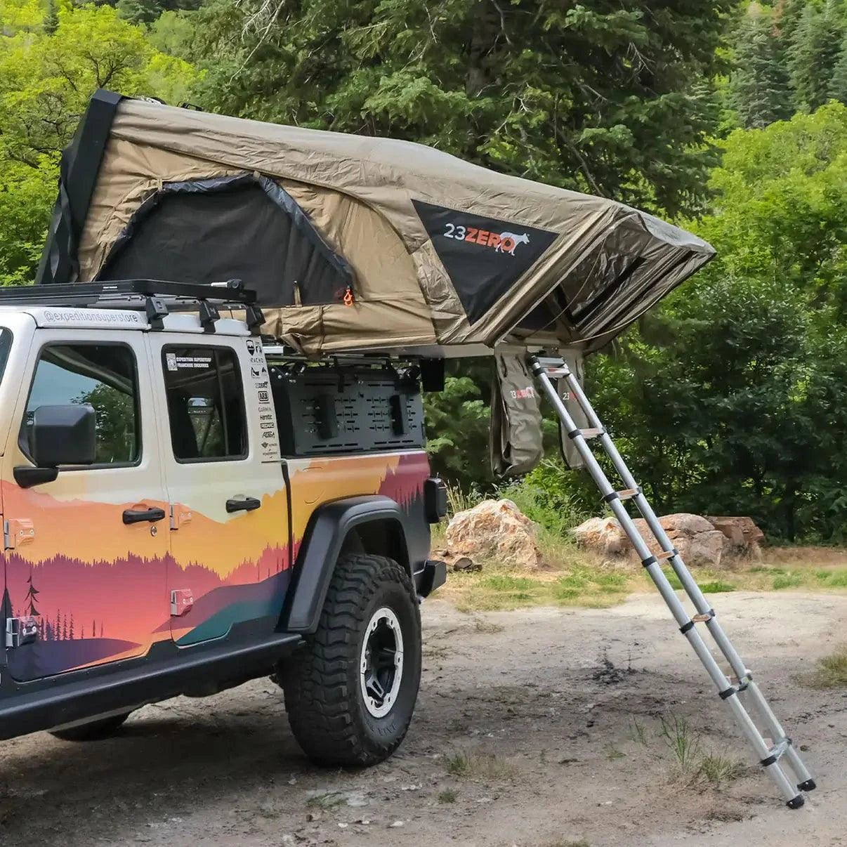 Mounted open view of 23Zero Armadillo A2 Hardshell Rooftop Tent – spacious sleeping area with rebound foam mattress