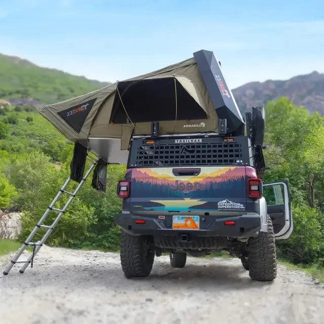 23Zero Armadillo A2 Hardshell Tent mounted on truck – secure, heavy-duty shell designed for all seasons