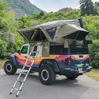 Mounted open angle view of 23Zero Armadillo A2 Hardshell Rooftop Tent – spacious sleeping area with rebound foam mattress