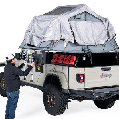 Rear angle of Smittybilt Gen2 Overlander Tent mounted on pickup truck