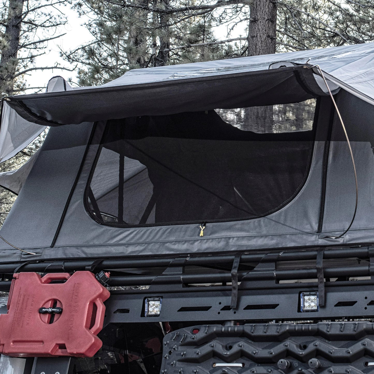 Exterior of Smittybilt Gen2 Overlander Tent rainfly material and stitching, highlighting durable, weatherproof construction