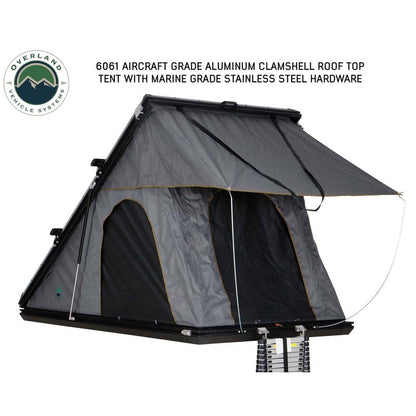 Diagram of OVS Mamba Clamshell rooftop tent with labeled canopy and ladder access