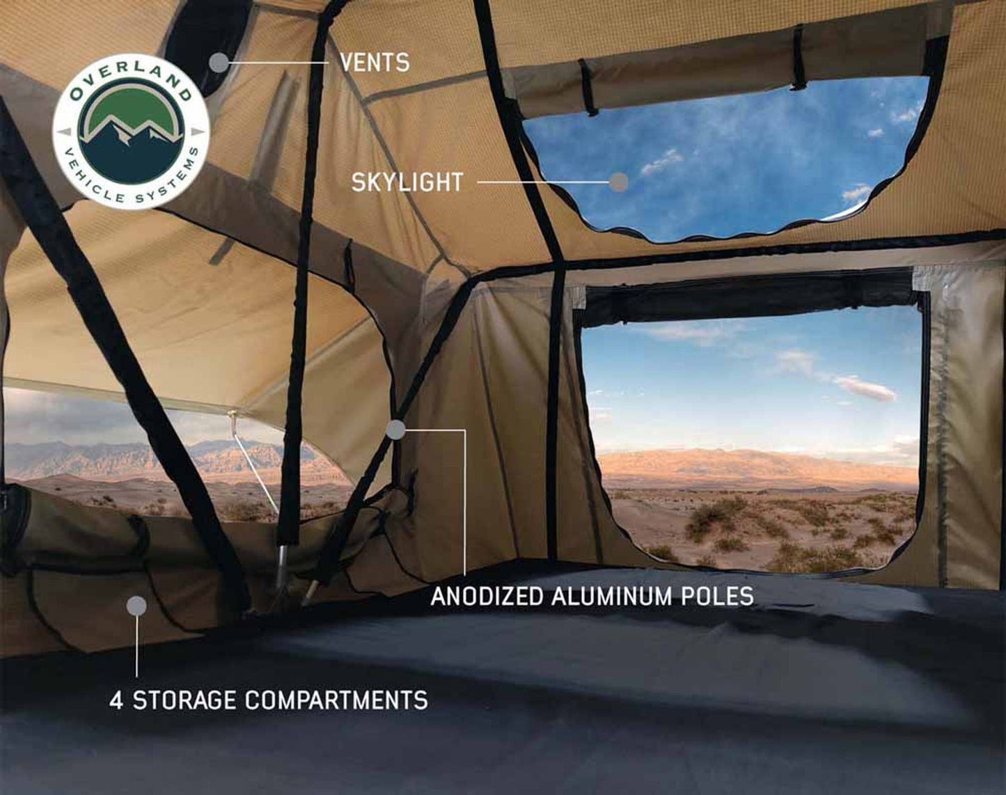 Interior view through mesh windows from inside the OVS TMBK 3 rooftop tent