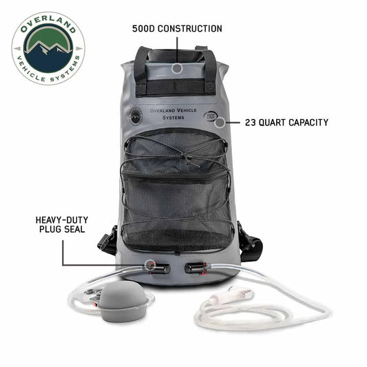 OVS Portable Camp Shower - 23 QT, Nozzle, Foot Pump, and Mesh Storage