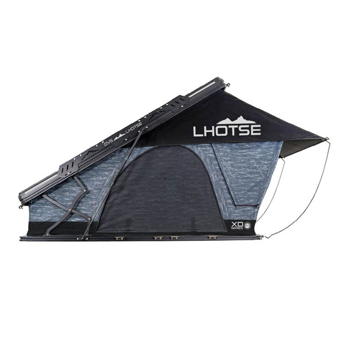 OVS XD Lhotse rooftop tent fully set up with canopy and gas struts extended
