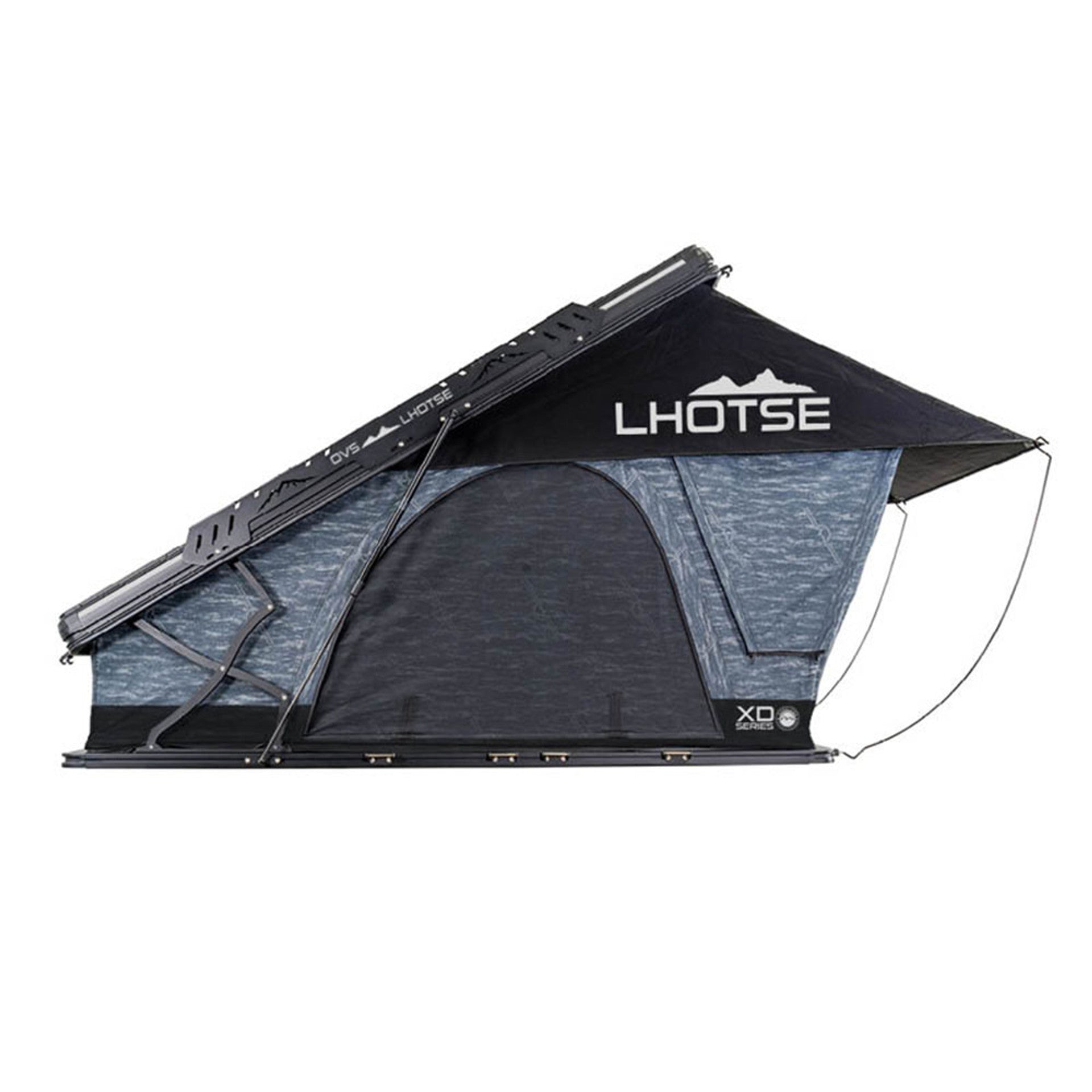 OVS XD Lhotse rooftop tent fully set up with canopy and gas struts extended