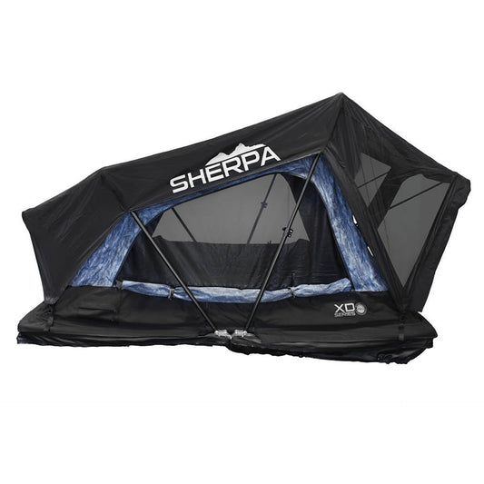 OVS XD Sherpa Hybrid Soft Shell rooftop tent fully set up with open windows