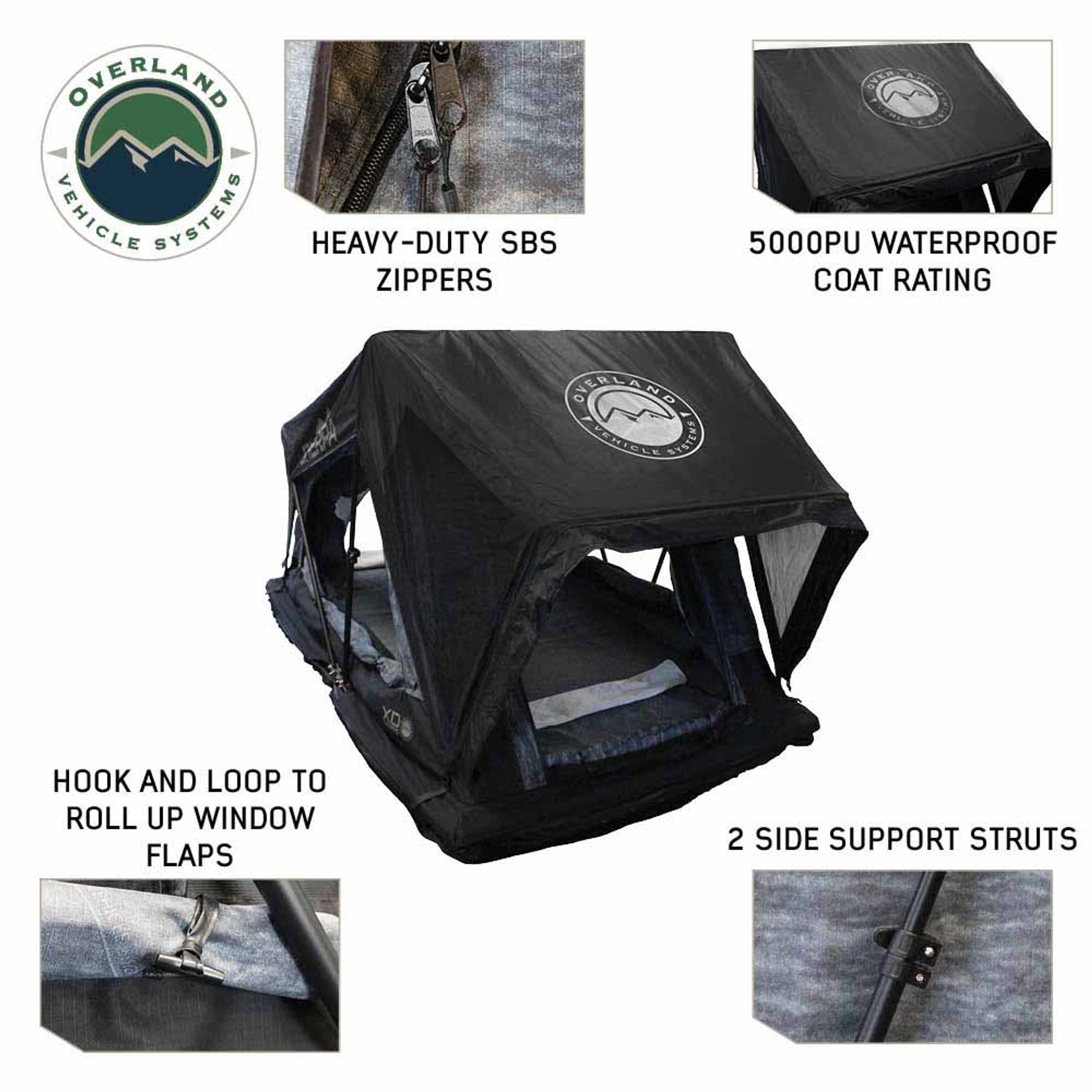 Angled view of OVS XD Sherpa rooftop tent with canopy extended