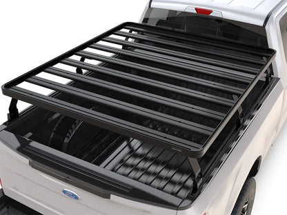 Ford pickup truck equipped with FrontRunner Slimline 2 Full Truck Bed Rack Kit, rear angle view showcasing modular rack system for rooftop tents and adventure gear