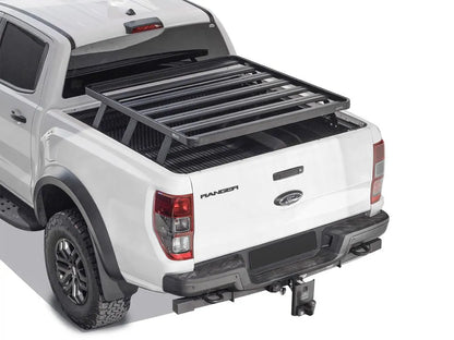 Rear angle of Ford pickup truck with FrontRunner Slimline 2 Full Truck Bed Rack Kit, rooftop tent-ready rack setup for off-road adventures