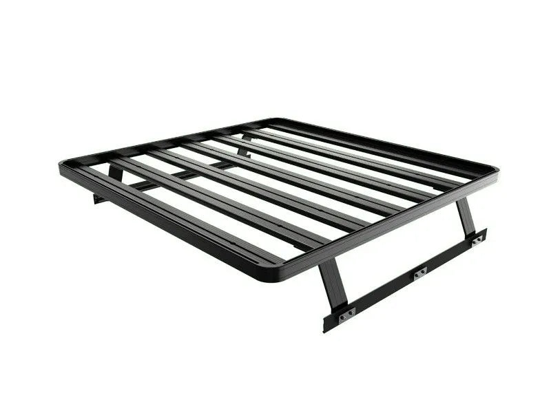 Side view of FrontRunner Slimline 2 Full Truck Bed Rack Kit mounted on Nissan pickup, highlighting robust modular rack system for rooftop tents and gear
