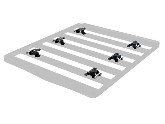 FrontRunner Quick Release Roof Top Tent Mount Kit installed on roof rack, top-down view showcasing full 6-piece mounting system for fast tool-free rooftop tent setup and removal