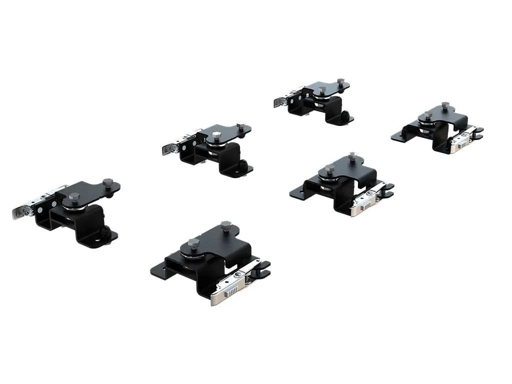 Close-up of FrontRunner Quick Release Tent Mount Kit hardware components, including mounting brackets, lockable latches, and bolts for rooftop tent installation