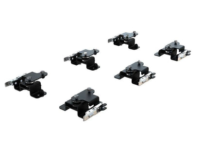 Close-up of FrontRunner Quick Release Tent Mount Kit hardware components, including mounting brackets, lockable latches, and bolts for rooftop tent installation